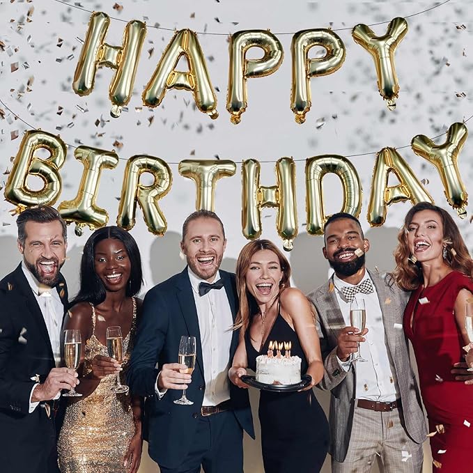 KALOR Light Gold Happy Birthday Balloons Banner, 16 Inch Mylar Foil Letters Balloon Sign for Birthday Party Decorations Photo Booth Backdrop