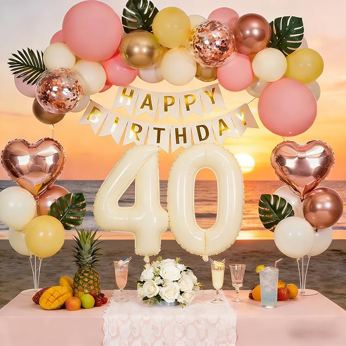 40th Birthday Decorations for Women, Retro Sand White and Cream Balloon Garland Kit, Cream Number 40 Balloon, Pink Happy 40th Banner, Milestone Party Supplies