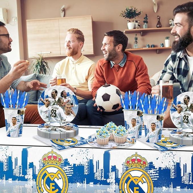 141pcs Real-Madrid Birthday Tableware Decorations Party Plates Cups Soccer Theme Napkins Beach Ball Tablecloth for Soccer Party Decoration (Real)