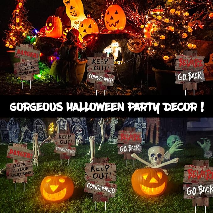 3 PCS Beware Signs Yard Stakes Halloween Outdoor Decorations Warning Sign, Halloween Yard Signs, Scary Lawn Decor Zombie Theme Party Supplies