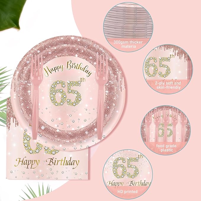 121Pcs 65th Birthday Party Supplies Plates Napkins Cups Forks Tablecloth Rose Gold Happy 65th Birthday Themed Disposable Tableware Decorations Serves 24 Guests for Women Ladies 65 Years Old Birthday