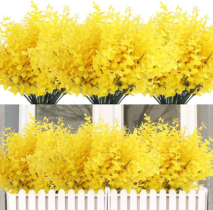 RECUTMS Artificial Fake Flowers Faux Outdoor Plastic Plants 12 Bundles UV Resistant Spring Plants Faux Flowers Artificial Boxwood Greenery Indoor Outside Spring Home Garden Decor(Pure Yellow)