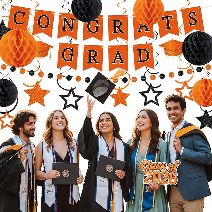 Congrats Grad Banner 2026 Graduation Decoration with Hanging Swirl Honeycomb Ball Circle Garland Grad Party Supplies for College Senior High School Classroom Decor(Orange and Black)