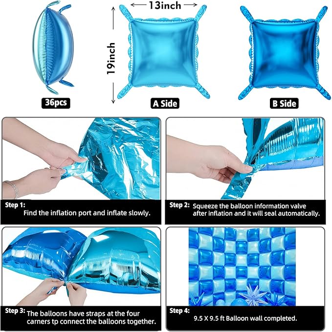 50pcs Blue Square Foil Balloons Wall Backdrop with 147pcs Blue Latex Balloon Garland Arch Kit, Double Sided Balloon Tunnel for Birthday Anniversary Graduation Baby Shower Party Decorations