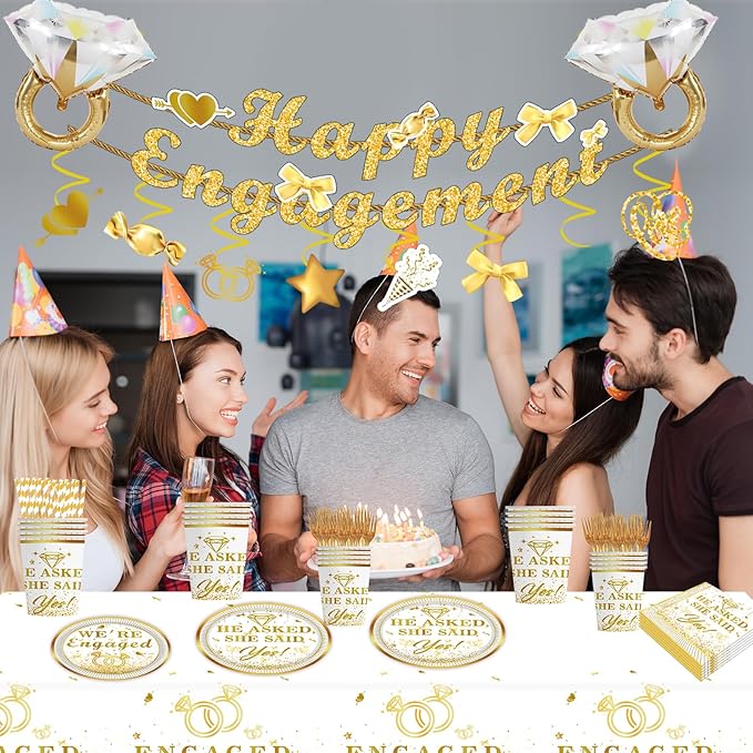 141PCS Engagement Party Decorations, Happy Engagement Banner Ring Foil Balloons He Asked She Said Yes Disposable Dinnerware with 1 Pcs Tablecloth, Wedding Proposal Decorations