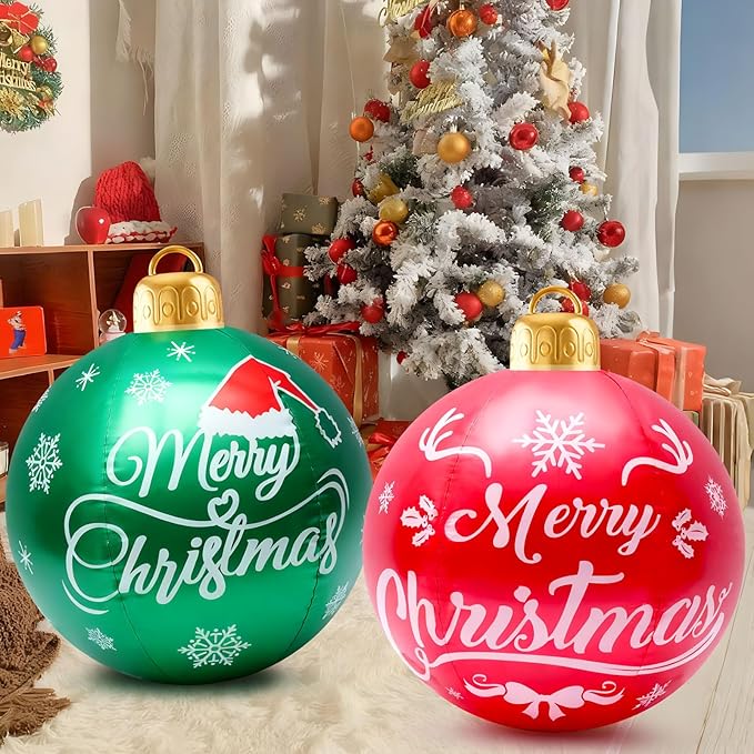 2 Pcs 24-Inch Christmas Ornaments, Large Flocked PVC Decorative Balls Christmas Themed Party Ornaments for Lawn, Garden, Patio and Indoor Decor (Red,Green)