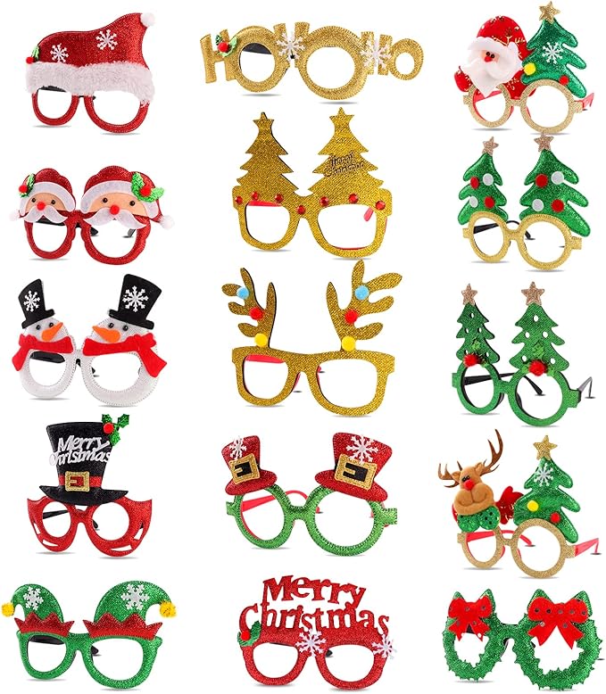 15 Pcs Christmas Glasses Frame Glitter, Costume Eyeglasses Frames Photo Booth Supplies, Xmas Photo Props Eyewears Party Favors Supplies for Adults Christmas Dinner Picnics Holidays