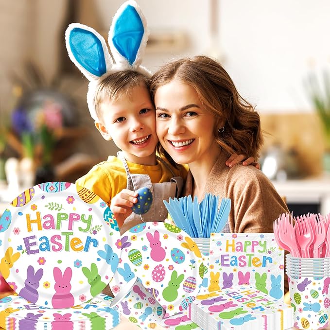 Easter Paper Plates and Napkins Sets,144pcs Bunny Egg Happy Easter Tableware Supplies Disposable Easter Themed Birthday Party Plates Napkins Cups for Spring Themed Decor