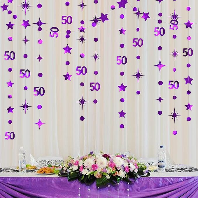 Purple 50th Birthday Decorations Number 50 Circle Dot Twinkle Star Garland Metallic Hanging Streamer Bunting Banner Backdrop for 50 Years Old Birthday Happy 50th Anniversary Fiftieth Party Supplies