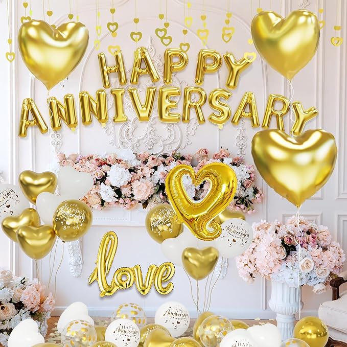 Gold and White Anniversary Party Decorations, Happy Anniversary Banner, Gold and White Heart Balloons, Love Foil Balloon, Heart Hanging String for Valentines Day Birthday Wedding
