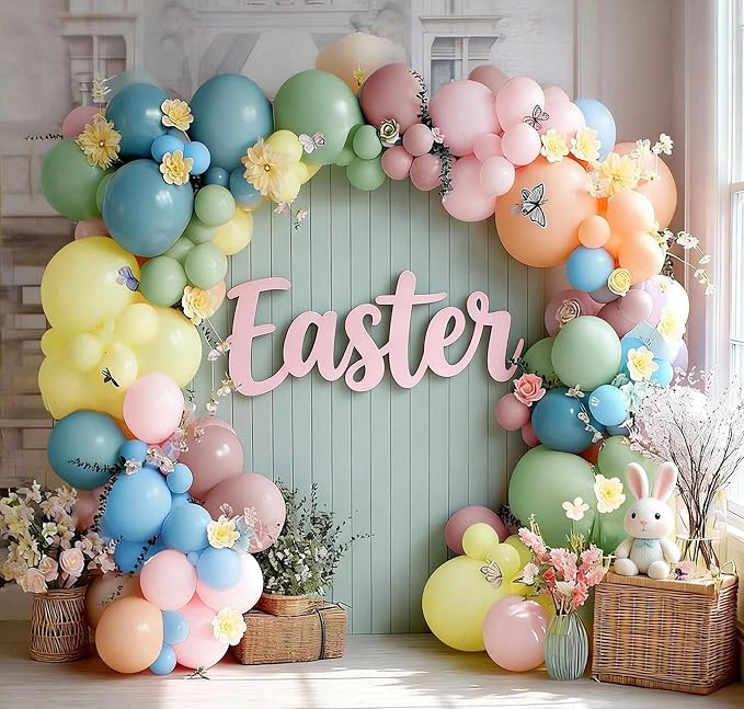 Pink Blue Green Balloon Arch Kit with Artificial Flowers, Double Stuffed Light Baby Yellow Pink Blue Green Pastel Floral Balloon Garland for Baby Shower Wedding Birthday Easter Fairy Tea Party Decor