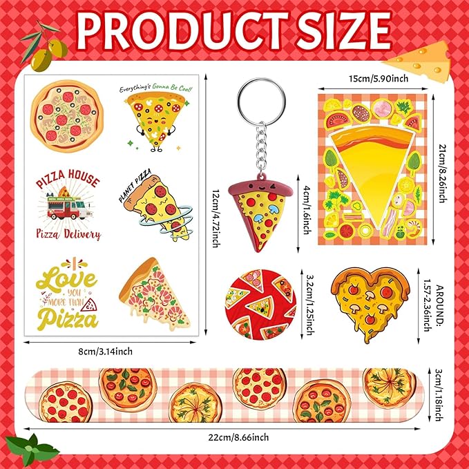 110Pcs Pizza Party Favors for Kids - Pizza Birthday Party Decorations and Supplies with Pizza DIY Stickers, Slap Bracelets, Keychains, Buttons & Tattoos, Goodie Bag Fillers for Boys & Girls