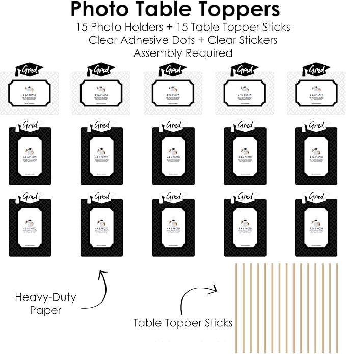 Graduation Photo Display Centerpiece Kit - 15 Double-Sided Photo Table Topper Sticks, Vertical and Horizontal 4x6 Picture Holders, DIY Party Decoration Set - Black and White Grad