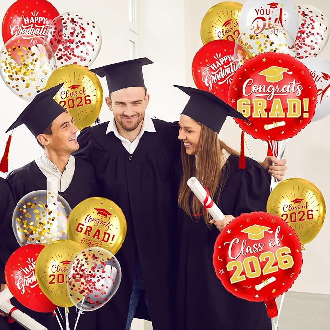 Red and Gold Graduation Balloons Graduation Decorations 2026, 51Pcs Grad Latex Balloons and Grad Foil Balloon with Confetti Ribbons Grad Party Decorations for College High School