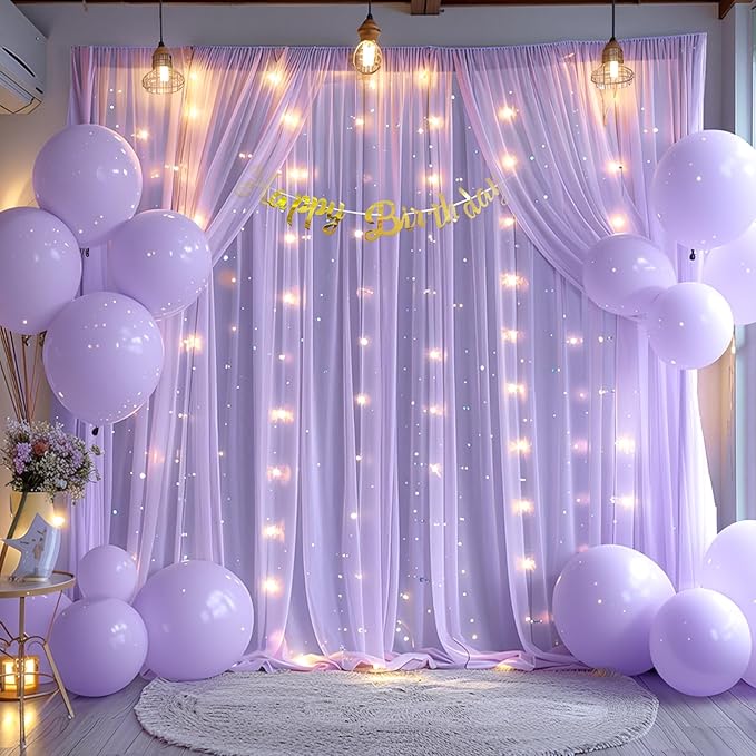 10x10ft Lavender Chiffon Backdrop Curtain with Lights String for Wedding Sheer Tulle Curtain Photo Backdrops Drapes for Baby Shower Birthday Party Home Ceremony Decorations