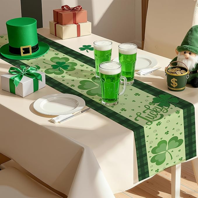 St Patricks Day Decorations - Shamrock Table Runner | St Patrick's Day Party Favors Supplies Decor Indoor Outdoor - Spring Saint Patricks Table Cloth Banner for Home Kitchen Dining Table Decorations