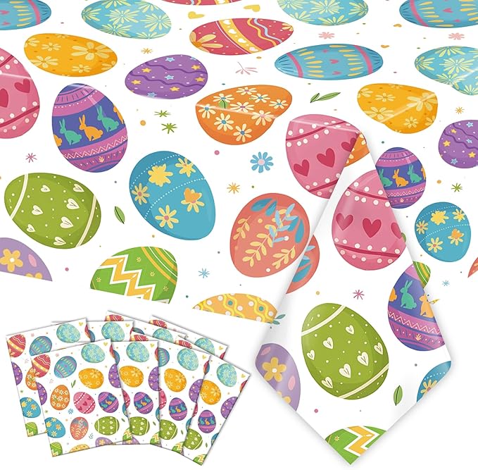 Easter Tablecloth, 8 Pack Colorful Easter Eggs Table Cloth, 54x108 Inch Plastic Disposable Rectangle Spring Table Cover for Easters Tables Decorations Outdoor Picnic Home Kitchen Dinner Party Supplies