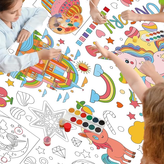 Unicorns Birthday Party Giant Coloring Poster, 30x72 Inches Versatile Unicorn Activity Paper Coloring Tablecloth, DIY Unicorn Poster Table Cover, Crafts for Kids Home Classroom Party Decorations