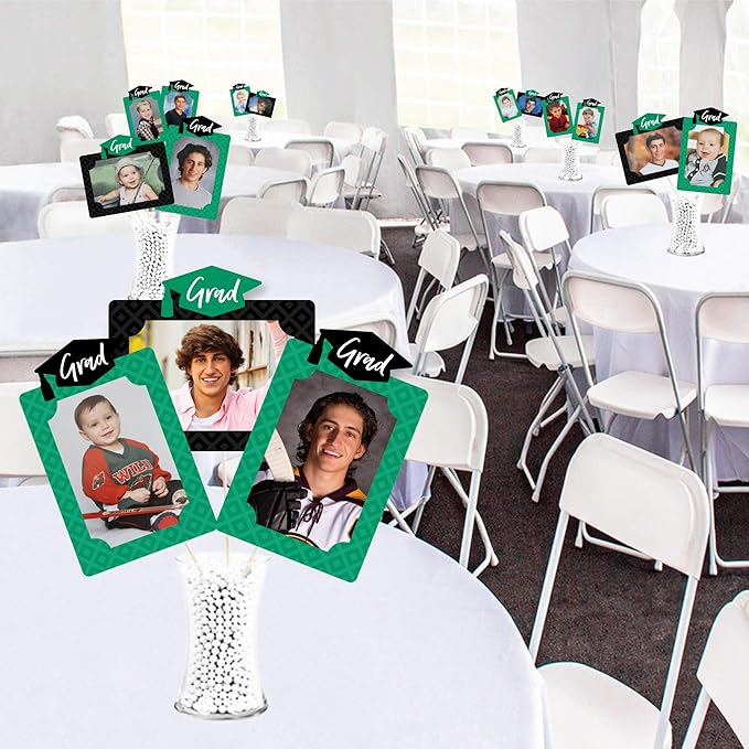 Green Grad Graduation Decoration, Photo Display Centerpiece Kit - 15 Double-Sided Photo Table Topper Sticks, Vertical and Horizontal 4x6 Picture Holders, DIY Party Supply Set