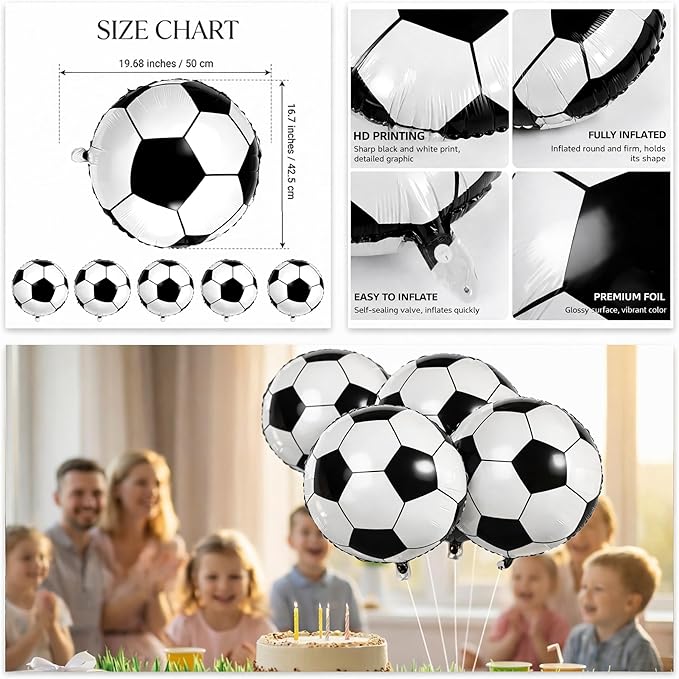 Soccer Party Decorations - 18 Inch Soccer Balloons for Soccer Sports Theme Birthday Party Favors Suppiles | 6 Pcs Foil Mylar Helium Balloons for Soccer Game Day Decorations