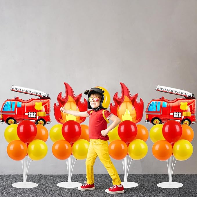 4 Sets Fire Party Balloons Stand Kit with Flame Fire Truck Foil Balloons Orange Yellow Red Party Balloon Centerpiece for Tables for Fireman Firefighter Rescue Themed Birthday Decorations