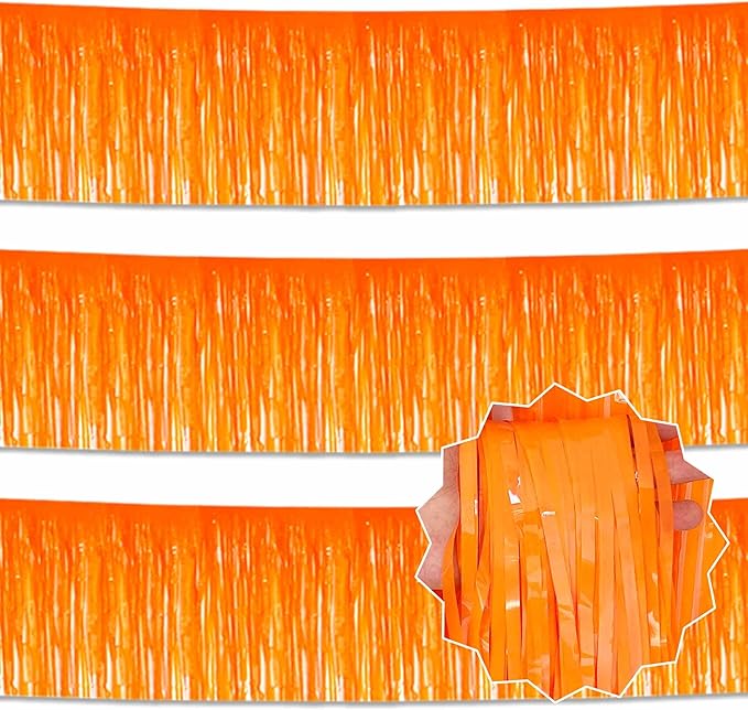 3 Pack 10 Ft Macaron Orange Foil Fringe Garland Metallic Streamers Tinsel Banner Wall Hanging Garland Backdrop for Parade Floats, Halloween, Christmas, Thanksgiving, New Year Party Decorations