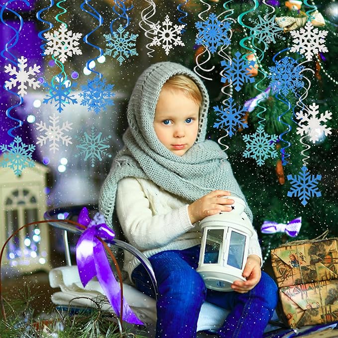 CCINEE 36pcs Christmas Snowflake Hanging Foil Swirls, Winter Snowflake Hanging Decoration Christmas Foil Ceiling Hanging Swirls for Frozen Winter Xmas Holiday Party Supplies（Pre-Assembled）