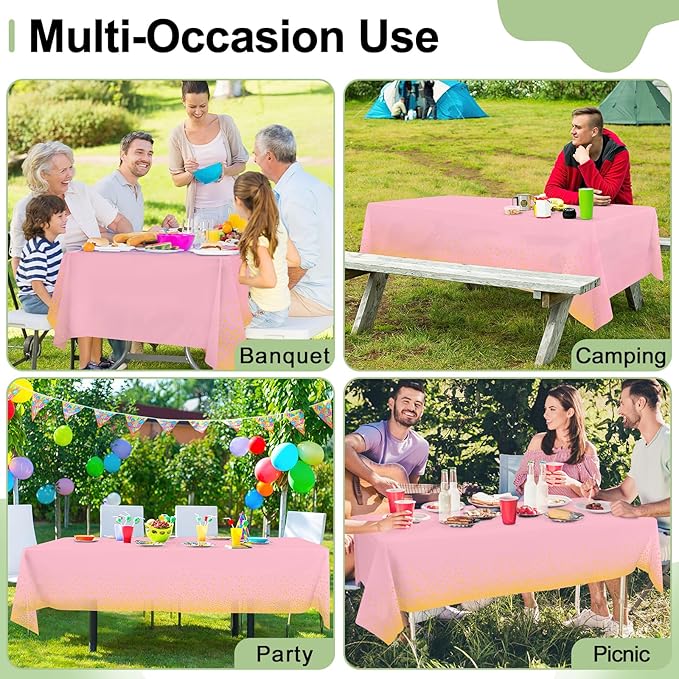 misaya 3 Packs Dot Disposable Table Cloth, 54 x 108 Inch Waterproof Plastic Tablecloth, Rectangle Gold Dots in Pink Table Covers for Easter, Picnic, Birthday, Party