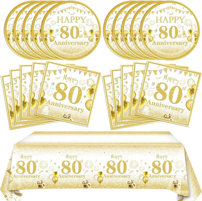 41PCS Gold Party Decorations 80th Party Tableware Set 1945 80th Theme Birthday Party Table Decoration Supplies Cheers to 80 Years Paper Plate Napkin Tablecloth for Wedding Anniversary Party Supplies