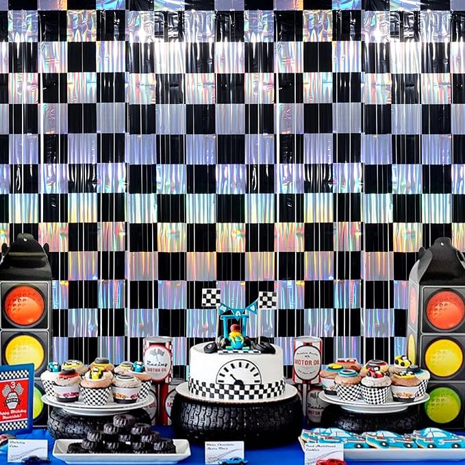 4 Pack 3.3Ft x 6.6Ft Race Car Checkered Foil Fringe Curtain Backdrop Decorations, Black Iridescent Metallic Tinsel Foil Streamers Curtain Photo Booth for Race Car One Happy Dude Birthday Party Decor
