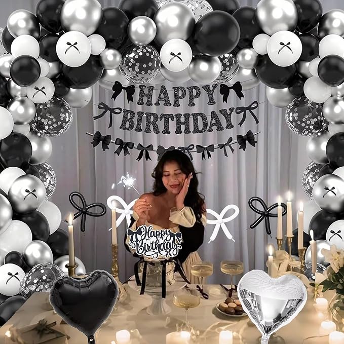 Black Bow Birthday Decorations, Coquette Bow Black and White Silver Balloons with Happy Birthday Banner Fringe Curtain Cake Toppers for Women Girls Baby Shower Party Supplies
