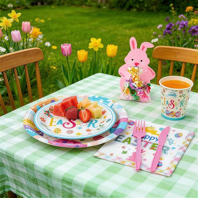 Mostop 80 Pcs Easter Tableware Set Party Supplies for 10 Guests Disposable Paper Plates, Cups, Napkins Forks Set Decorations for Easter Party Spring Holiday Picnics