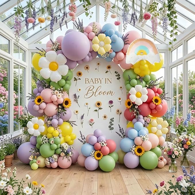 Pastel Daisy balloon arch kit Pastel pink yellow green blue red Purple balloons with rainbow daisy Flower balloon for spring Baby Shower Easter tea Party two groovy Birthday decorations