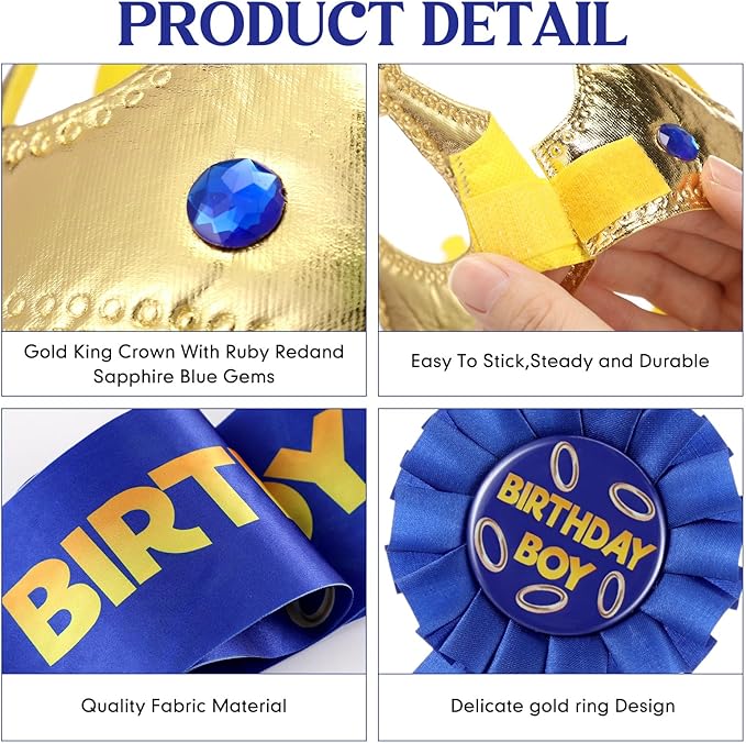 Norme 3 Pcs Blue with Gold Ring Birthday Sash King Crown and Button Pin Blue Golden Rings Cartoon Themed Birthday Party Accessory Set for Party Supplies Favors