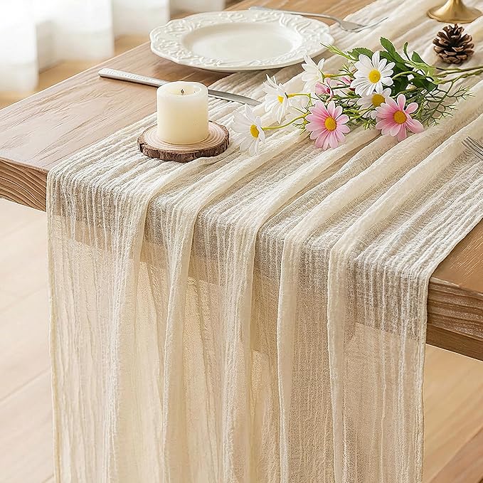 FEXIA Beige Table Runner Ivory Cheesecloth Table Runner 30x118 Inches Rustic Gauze for Easter Decor Wedding Baby Shower Bridal Shower First Communion Home Decorations