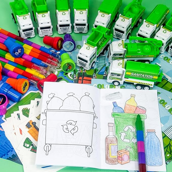 Cinrobiye 72 PCS Garbage Truck Coloring Books Party Favor Set Garbage Party Goodie Bag Fillers Truck Birthday Party Supplies DIY Scene Stickers Temporary Tattoos Prizes Art Crafts for Home School