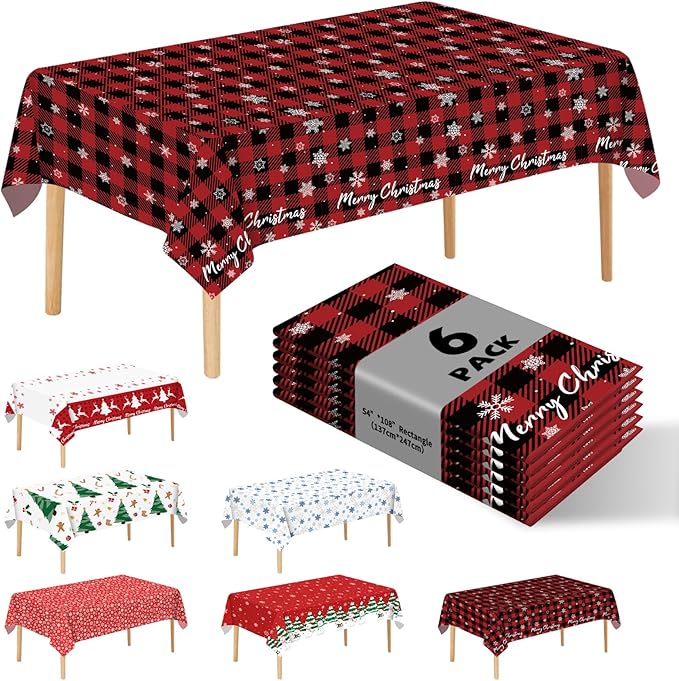 6 Pack Snowflake Tablecloth - Disposable Plastic Table Cover for Christmas Party Decoration Supplies - 54 x 108 Inches (Red Checkered Snowflake)