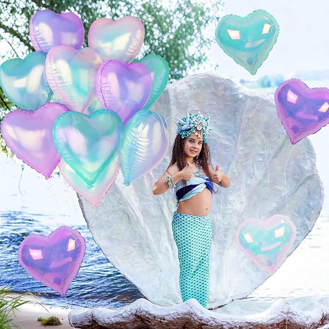 Iridescent Heart Balloons, 12Pcs 18Inch Transparent Crystal Heart Foil Balloon, Gradient Iridescent Pink Purple Green Balloon for Girls Women Princess Mermaid Birthdays Wedding Easter Party Decoration