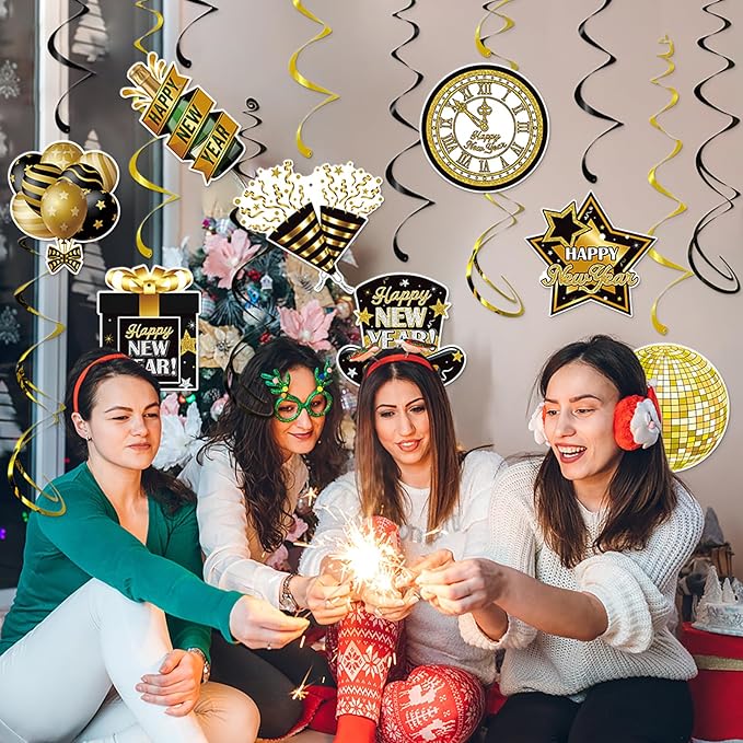 Happy New-Years Eve Party-Decorations Iridescent-Streamers - 8pcs Neon Glitter Holographic 2025 Nye Hanging Swirls Banner Supplies, Classroom Ceiling Garland Indoor Holiday Decor Panduola