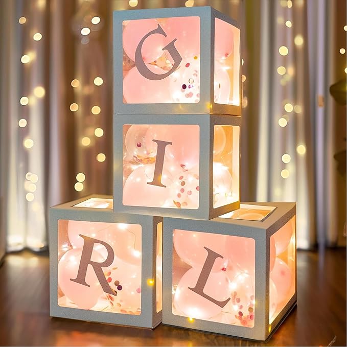 Uptotop Baby Shower Decorations Clear Balloon Blocks with Fairy String Lights, 4 Pack Transparent Balloon Boxes Including 30 Letters, 4 Warm White Fairy Lights & 36 Latex Balloons, Pink