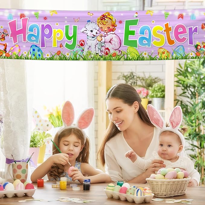 Easter Decorations Happy Easter Banner Traditional Easter Day Porch Banner Easter Yard Sign for Wall Yard Fence Spring Theme Party Indoor Outdoor (Pink)