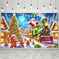 Santa Claus Train Backdrop 71x43 Inches Gingerbread Christmas Scene Banner Holiday Party Photo Background Indoor Outdoor Merry Christmas Wall Decoration for Photography