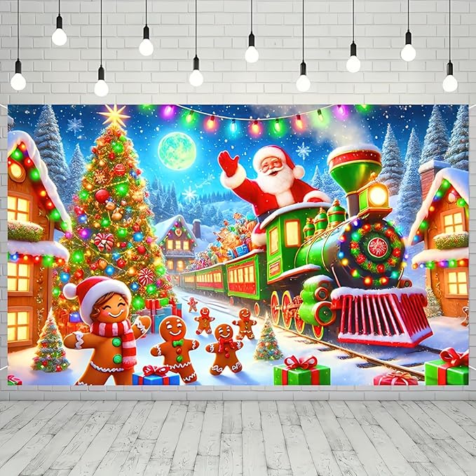 Santa Claus Train Backdrop 71x43 Inches Gingerbread Christmas Scene Banner Holiday Party Photo Background Indoor Outdoor Merry Christmas Wall Decoration for Photography