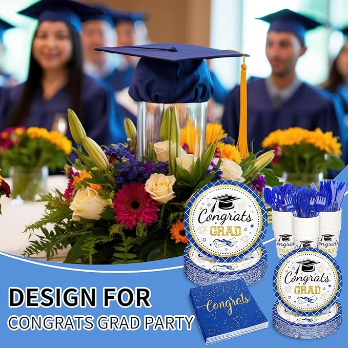 Whaline 175 Pcs Graduation Party Supplies, Paper Plates and Napkins Set, 25 Guests Blue Congrats Grad Disposable Tableware Include Plate Napkin Cup and Cutlery for Party Table Decor
