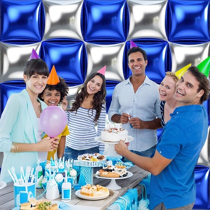 50pcs Navy Blue and Silver Square Foil Balloons Wall Backdrop with 147pcs Dark Blue and Silver Balloon Garland Arch Kit, Double Sided Balloon Tunnel for Birthday Graduation Party Decorations