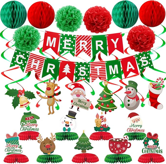 Merry Christmas Party Decoration Banner Set Paper Fan Flower Xmas Bunting ,Swirls Streamers Christmas Tree Xmas Stocking Santa Table Decorations