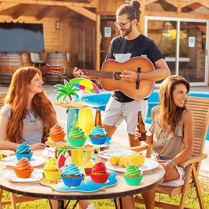 Summer Beach Luau Hawaiian Cupcake Stand Decorations 3 Tier Pool Theme Cake Holder Dessert Stand Tower for Kids Office Classroom Beach Birthday Party Baby Shower Wedding Party Supplies