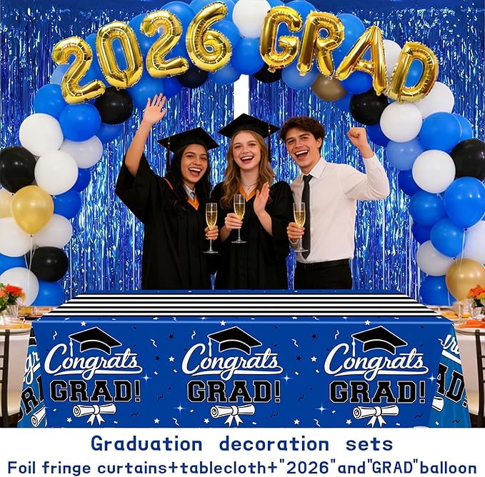 7-Pack Graduation Party Decorations Set, 3 Blue Graduation Tablecloths 54x108in, 2026 and Grad Balloons, 2 Foil Fringe Curtains for High School College Graduation Party Photo Booth