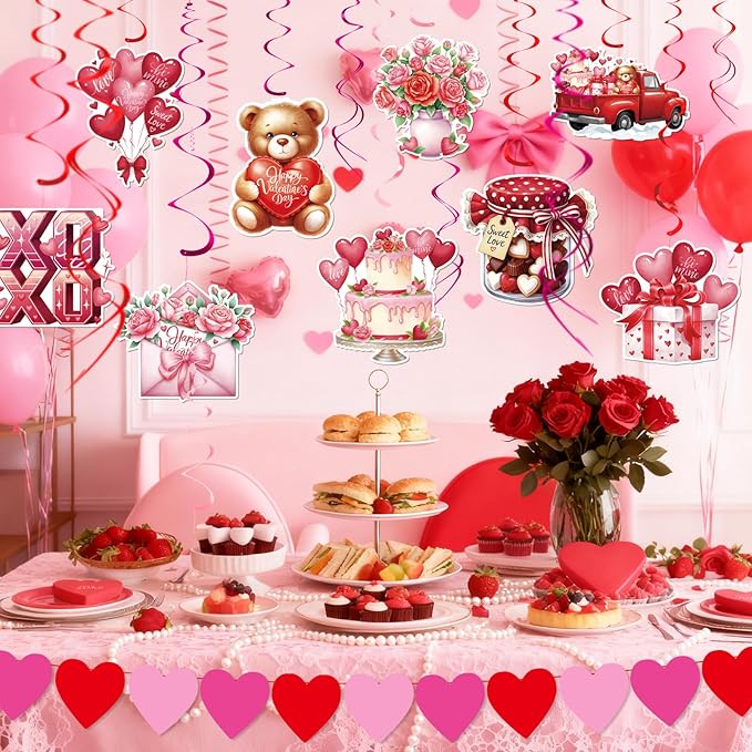 Valentines Day Decorations Set - Heartwarming Valentine's Day Banner & Hanging Swirls for Home, Office, Classroom Indoor, Anniversary & Valentine's Day Party Supplies