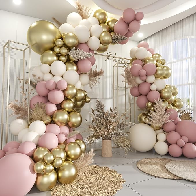 Pink White Gold Balloon Garland Arch Kit, 160Pcs Pastel Pink Matte White Metallic Gold Balloons for Girls Birthday Baby Shower Wedding Bridal Shower Party Decorations